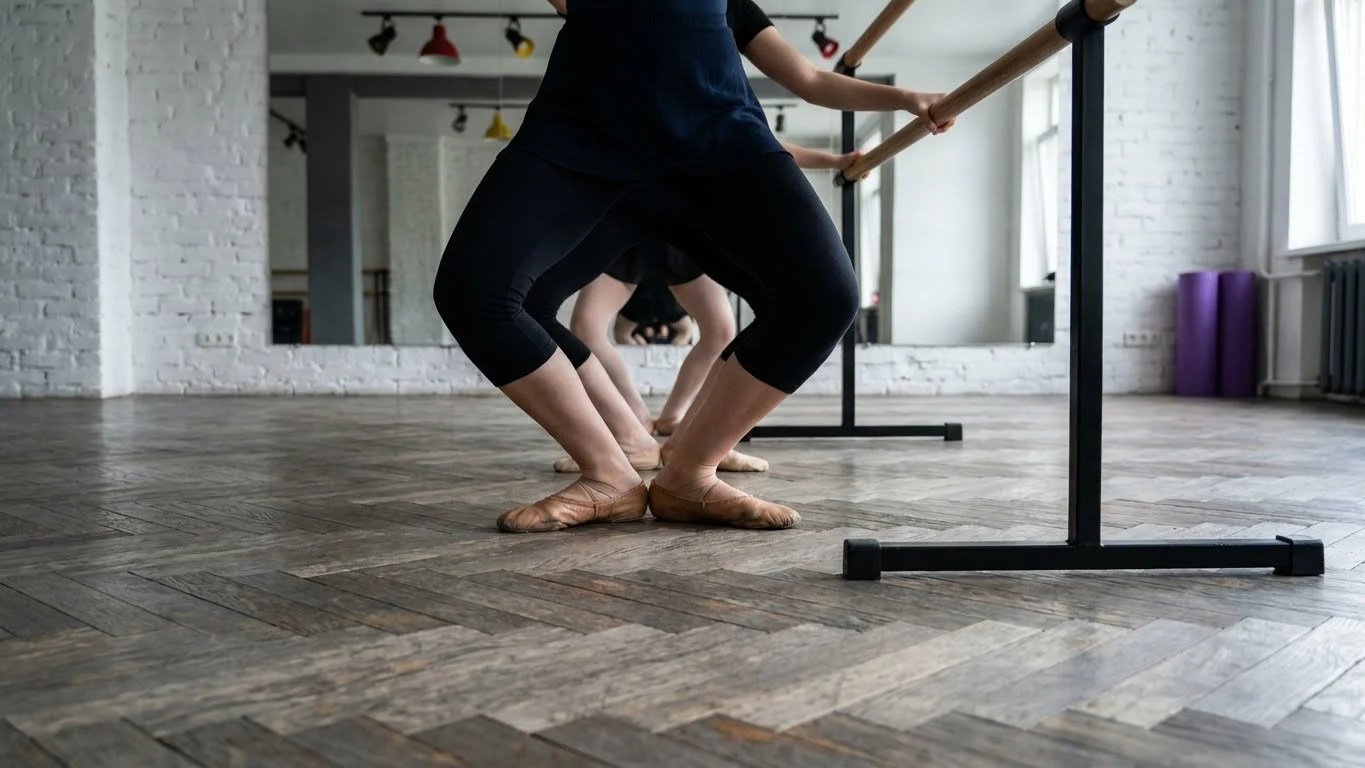 Bale sıçrayış teknikleri için temel hazırlık olan plié egzersizi yapan öğrenciler.