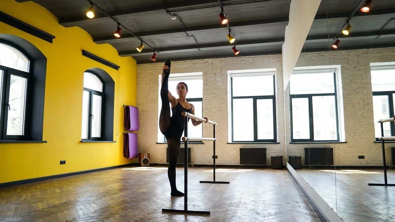 Bale esneklik egzersizleri ile bar üzerinde aktif esneme yapan balerin.