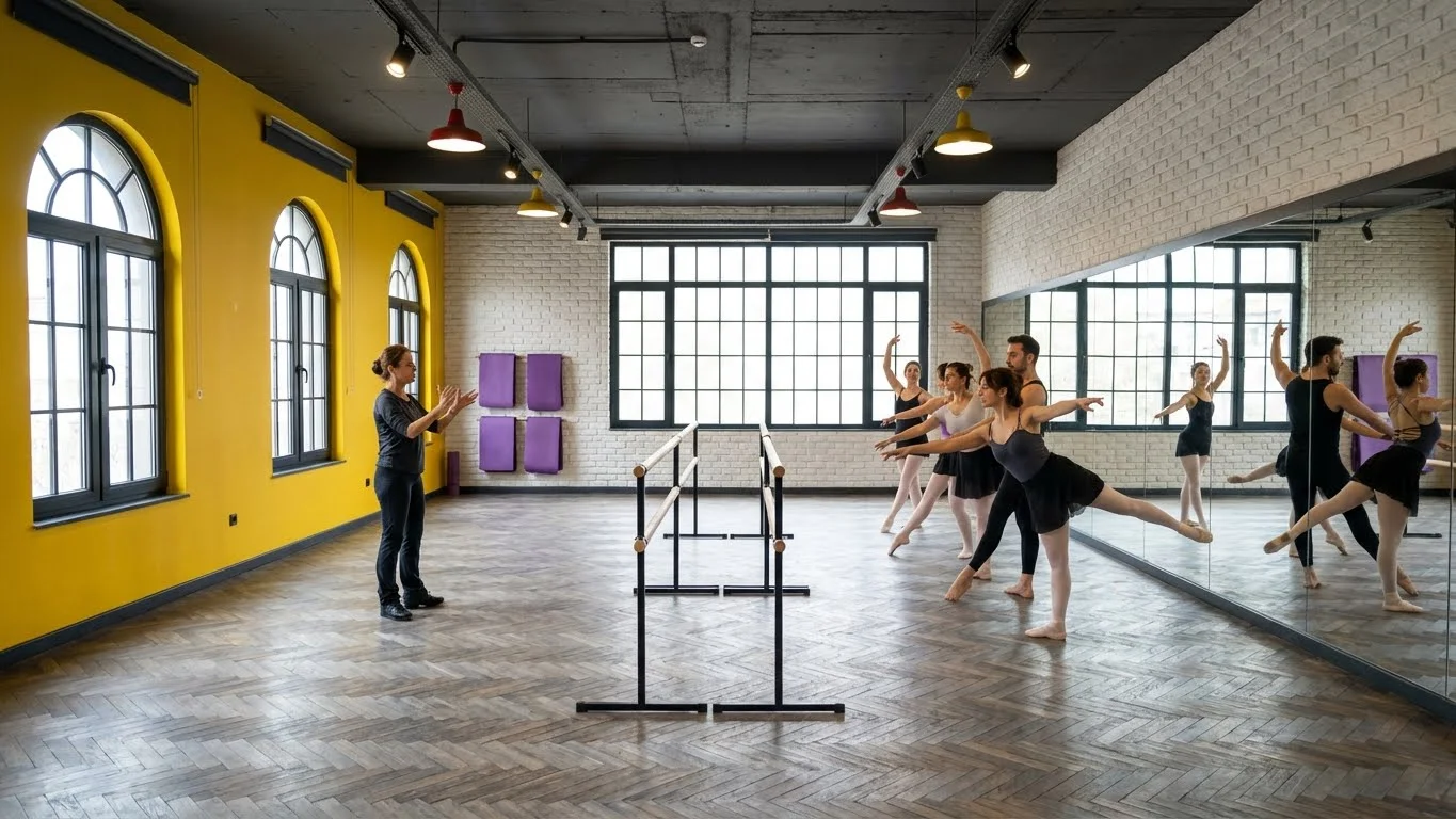 Yetişkin bale kursu dersinde esneklik çalışmaları yapan öğrenciler ve sıcak atölye ortamı.