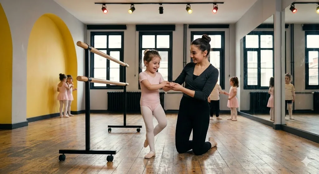 Çocuk bale kursu tanıtım dersinde pedagojik yaklaşımla eğitim veren uzman eğitmen.