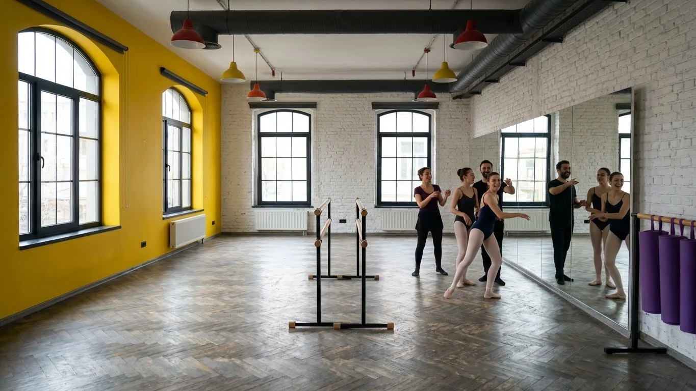 Seviyeli bale kursu eğitimi veren modern ve sıcak stüdyo atmosferi.